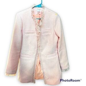 VENUS light pink tweed frayed edges long blazer jacket fringe